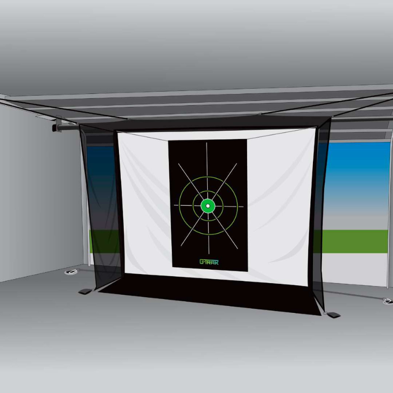 Golfie G-TRAK Golf Target with Retractable Impact Screen in garage