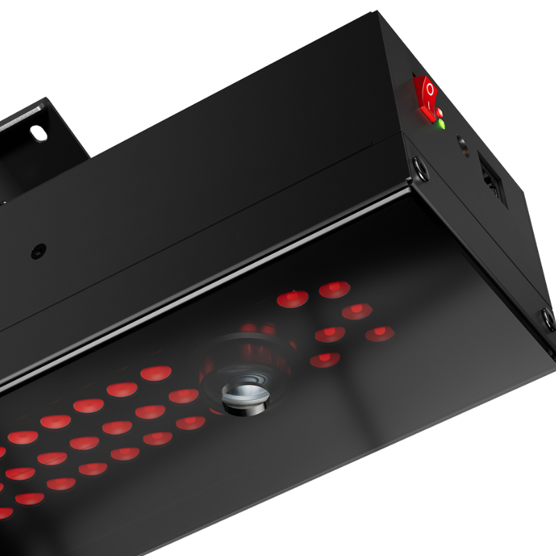 Golfie Uneekor EYE XR Launch Monitor bottom corner angle red switch and sensor lights