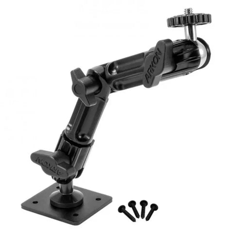 Surfthing Articulating Camera Wall Mount angled view with black case and screws