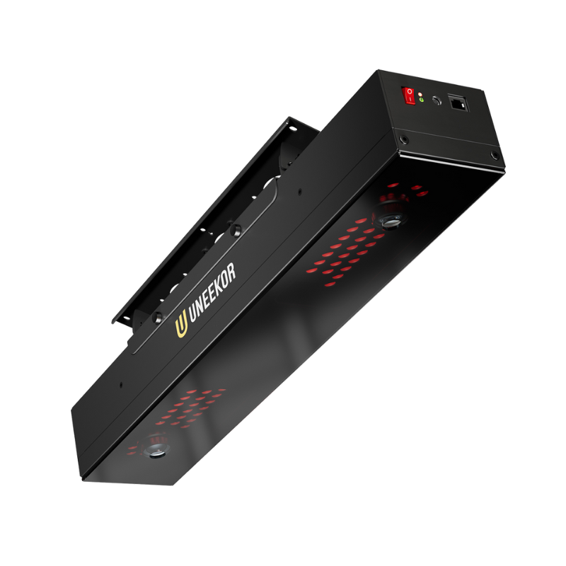 Golfie Uneekor EYE XR Launch Monitor angled view uneekor logo visible red sensor array
