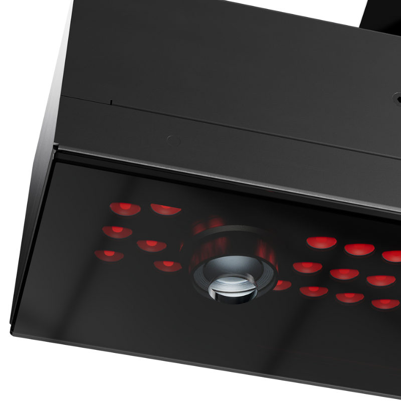 Golfie Uneekor EYE XR Launch Monitor closeup angle lens and red sensor lights