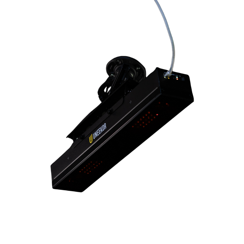 Golfie Uneekor EYE XR Launch Monitor mounted ceiling angle power cable attached