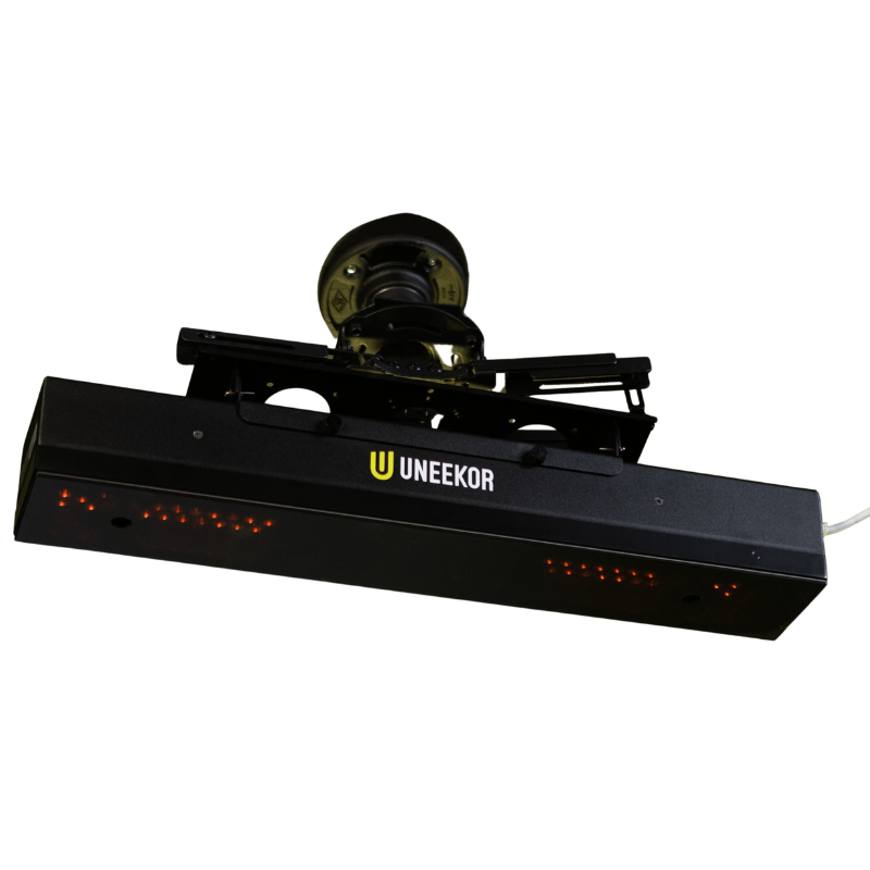 Golfie Uneekor EYE XR Launch Monitor mounted top angle red lights visible